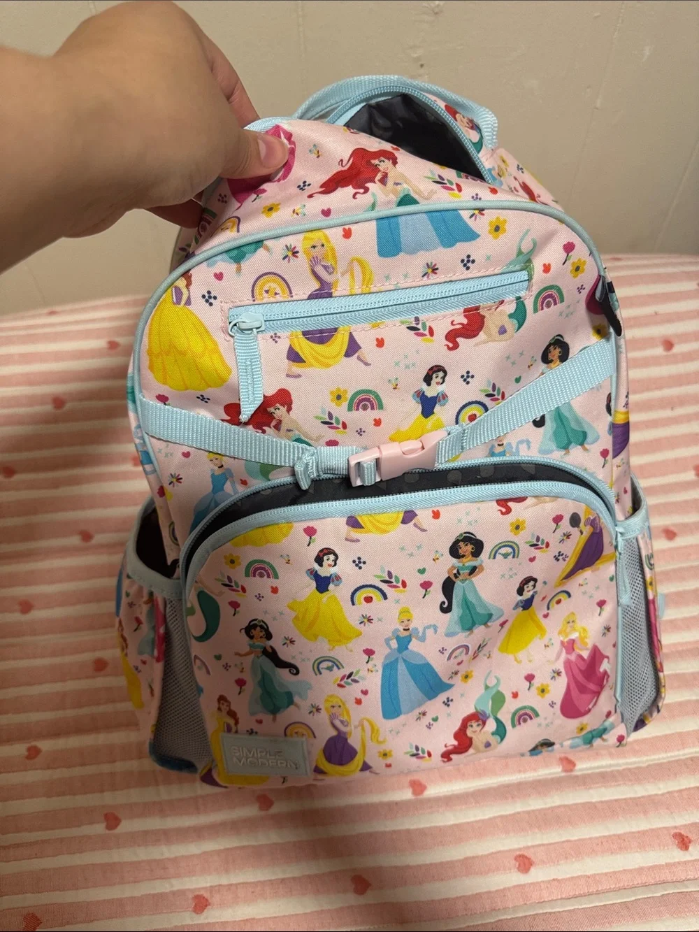 Girls Princess Print School Backpack - Pink with Light Blue Accents - Picture 5 of 14